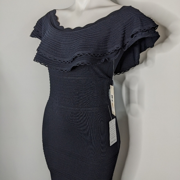 NWT Eliza J black off the shoulder layered ruffle neckline body con dress S - Picture 3 of 10